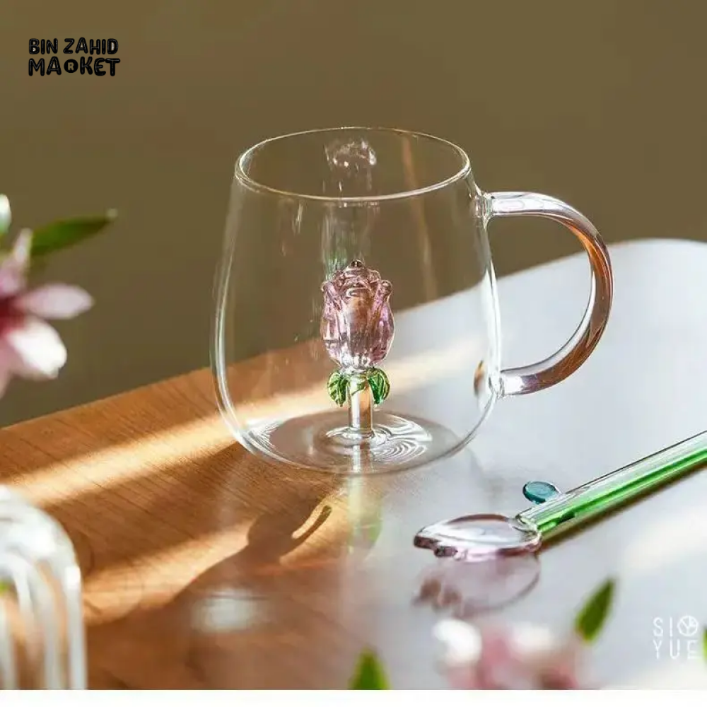 3D ROSE GLASS MUG WITH PINK HANDLE – HEAT-RESISTANT FOR MILK & COFFEE