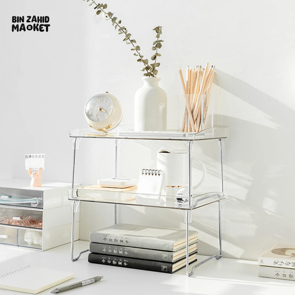 STACKABLE CLEAR PLASTIC STORAGE RACK FOR MAKEUP KITCHEN AND STATIONERY