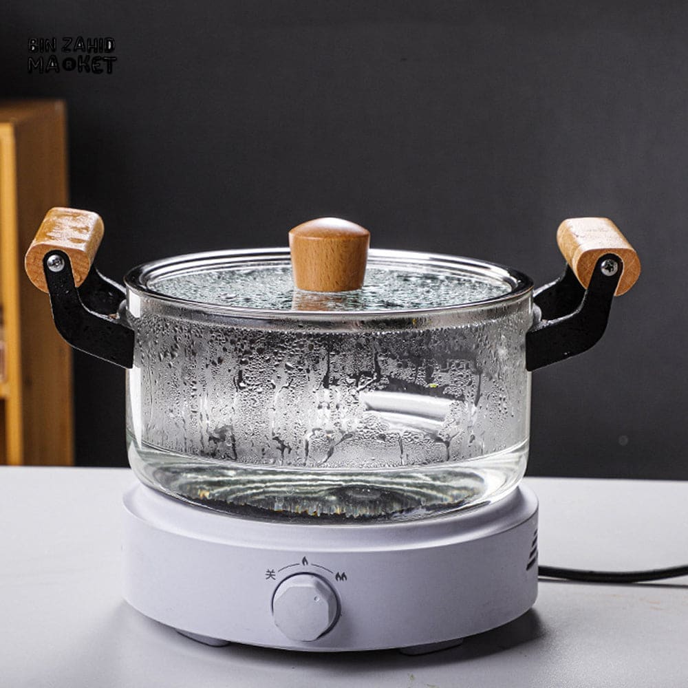 PREMIUM BOROSILICATE GLASS COOKING POT – FLAME-SAFE WOODEN HANDLE LARGE CAPACITY WITH LID - 4.5 LITRE