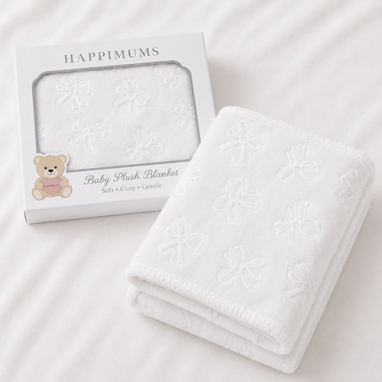 HAPPIMUMS BABY PLUSH SLEEPING BLANKET DOUBLE PLY SWEET RIBBON 110 x 80 - WHITE
