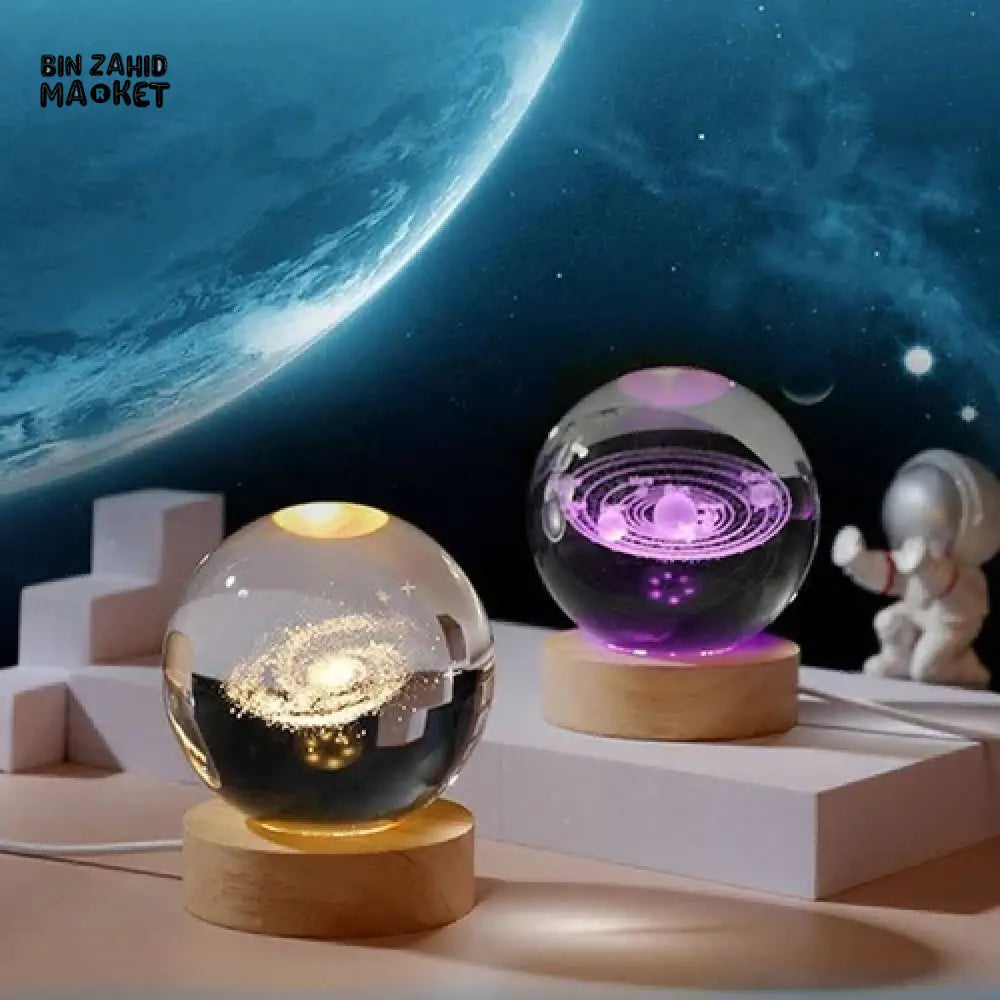 3D CRYSTAL BALL NIGHT LAMP WITH WOODEN BASE SOLAR SYSTEM CRYSTAL BALL NIGHT LIGHT, BEDROOM DECOR