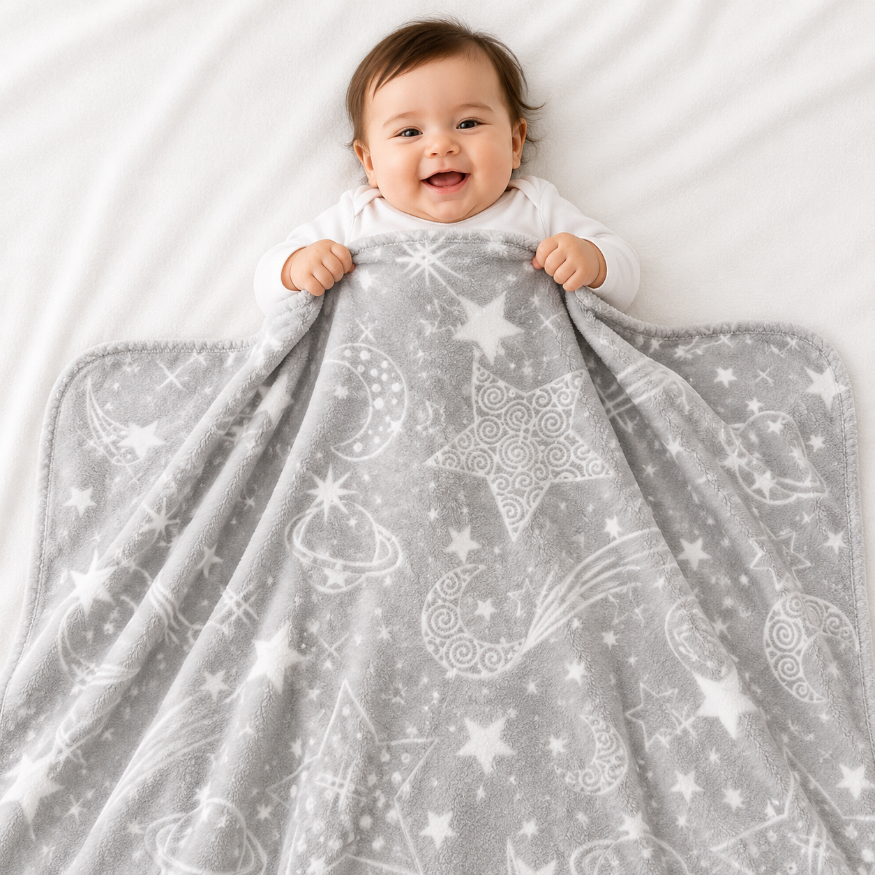 HAPPIMUMS BABY PLUSH SLEEPING BLANKET DOUBLE PLY MOON & STARS 110 x 80 - GREY
