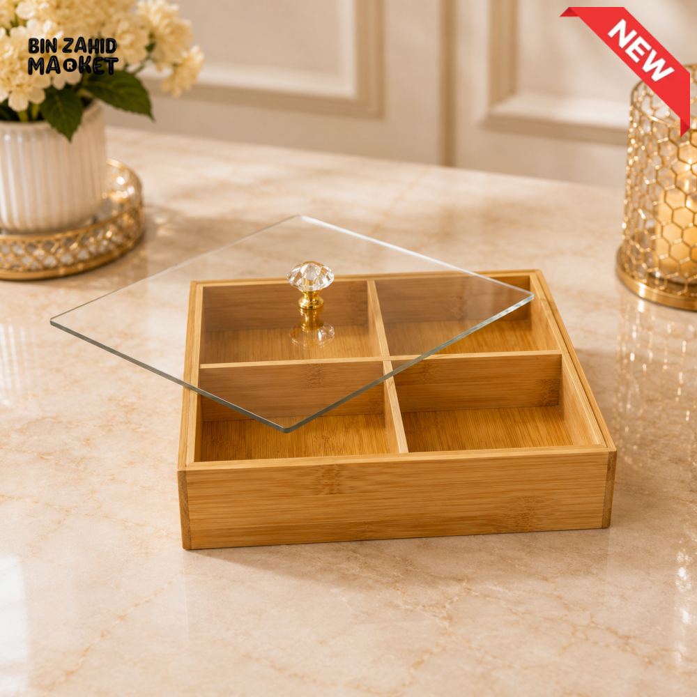 4-COMPARTMENT BAMBOO SNACK ORGANIZER WITH CLEAR LID