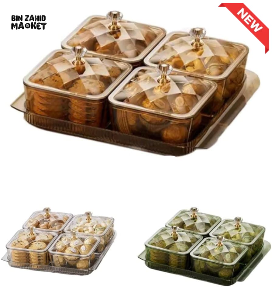 4 COMPARTMENT LUXURY STORAGE JAR SET – SQUARE SERVING CONTAINERS WITH CRYSTAL KNOBS & TRAY FOR SNACKS DRY FRUITS &