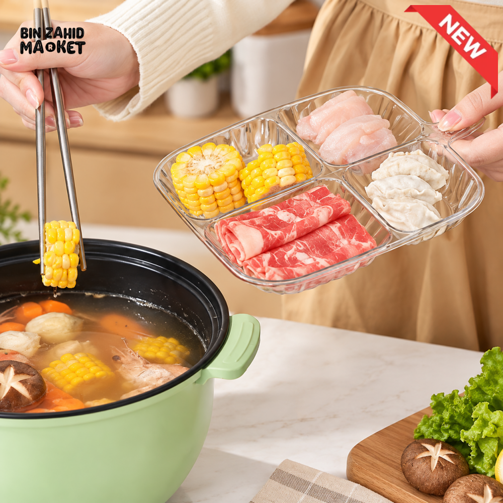 4-COMPARTMENT TRANSPARENT DIVIDED SERVING TRAY WITH HANDLE