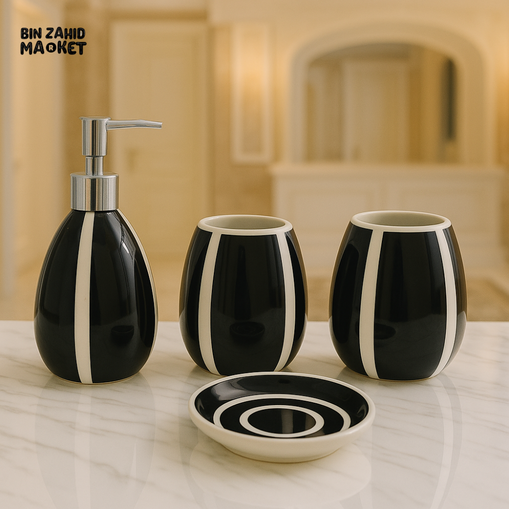 4 PIECE CERAMIC BATHROOM SET – SOAP DISPENSER, TOOTHBRUSH HOLDER, TUMBLER & TRAY - 005-3