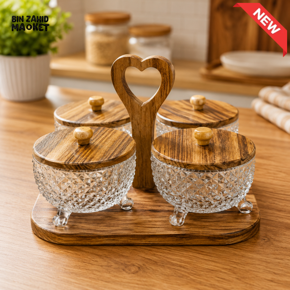 4-PIECE GLASS CONDIMENT JAR SET WITH WOODEN STAND