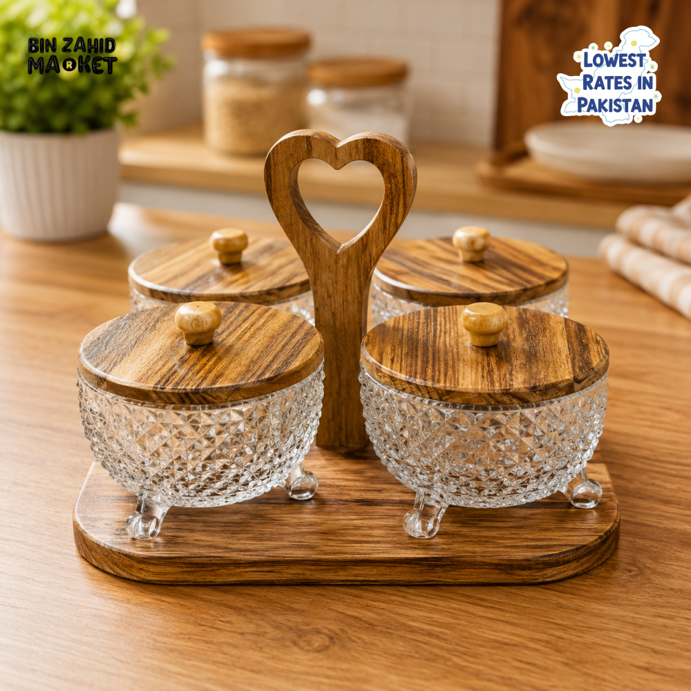 4-PIECE GLASS CONDIMENT JAR SET WITH WOODEN STAND