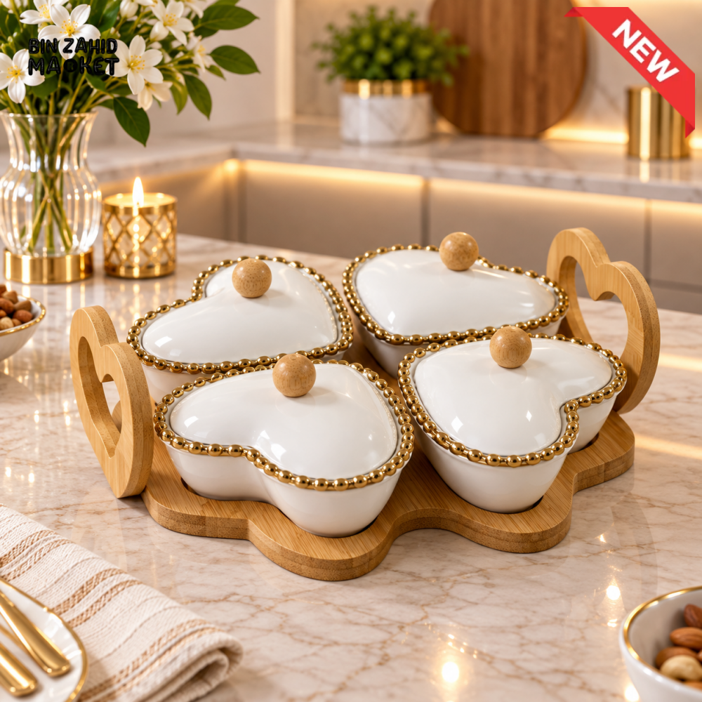 4-PIECE HEART SHAPE CERAMIC CONDIMENT JAR SET WITH BAMBOO TRAY