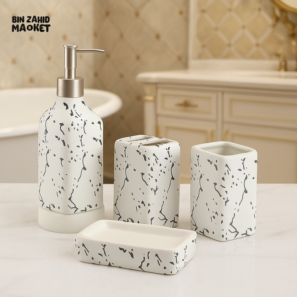 4-PIECE LUXURY CERAMIC BATHROOM ACCESSORY SET – MARBLE SPLASH DESIGN SOAP DISPENSER TOOTHBRUSH HOLDER TUMBLER & SOAP DISH - WHITE