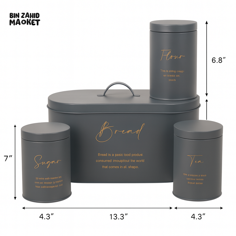 4-Piece Metal Bread Bin and Canister Set - Grey