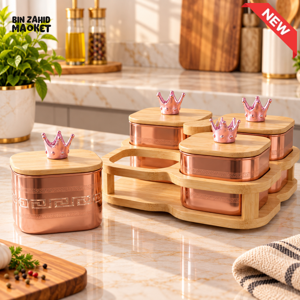 4-PIECE ROSE GOLD SPICE JAR SET WITH BAMBOO STORAGE RACK - Storage Jars & Canisters