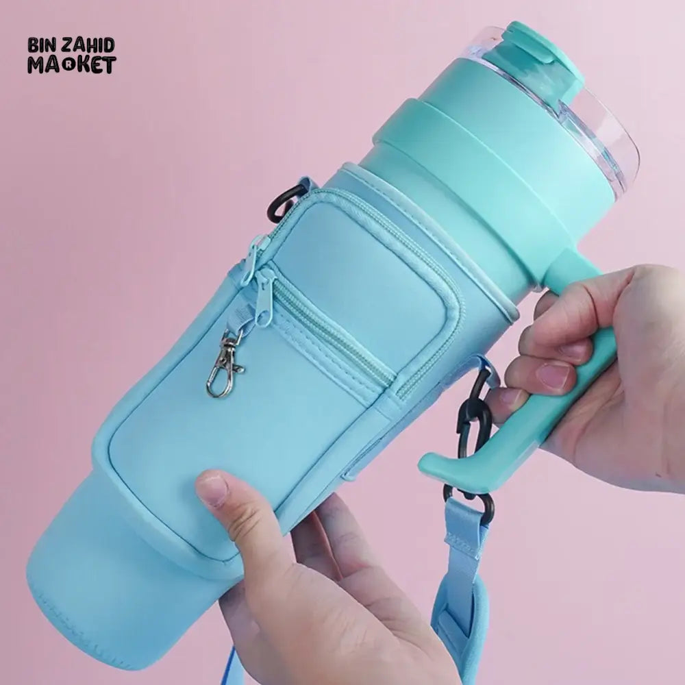 40OZ INSULATED WATER BOTTLE CARRIER WITH ADJUSTABLE SHOULDER STRAP – POUCH COVER FOR THERMOS & TRAVEL MUGS