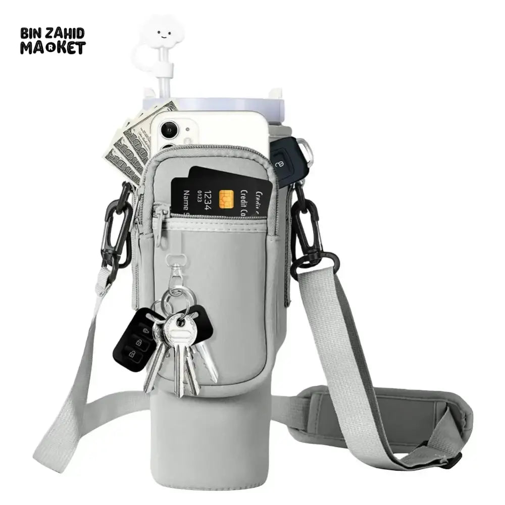 40OZ INSULATED WATER BOTTLE CARRIER WITH ADJUSTABLE SHOULDER STRAP – POUCH COVER FOR THERMOS & TRAVEL MUGS