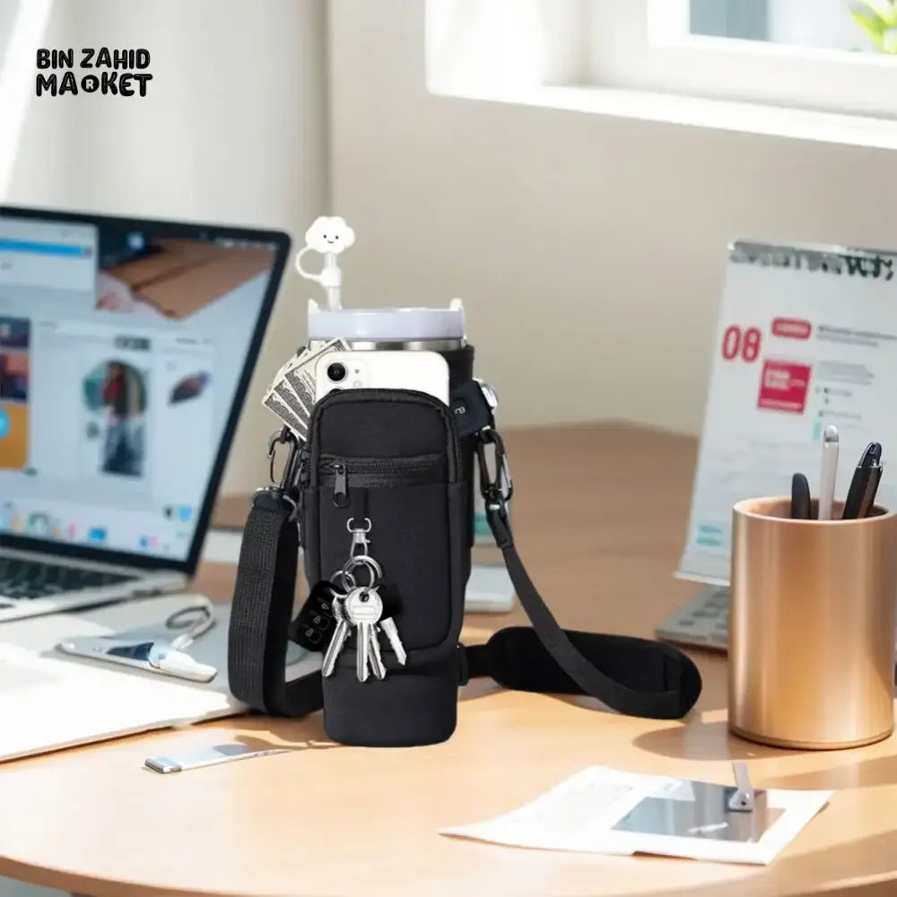 40OZ INSULATED WATER BOTTLE CARRIER WITH ADJUSTABLE SHOULDER STRAP – POUCH COVER FOR THERMOS & TRAVEL MUGS