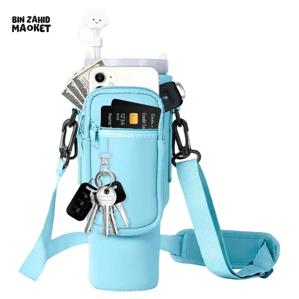 40OZ INSULATED WATER BOTTLE CARRIER WITH ADJUSTABLE SHOULDER STRAP – POUCH COVER FOR THERMOS & TRAVEL MUGS