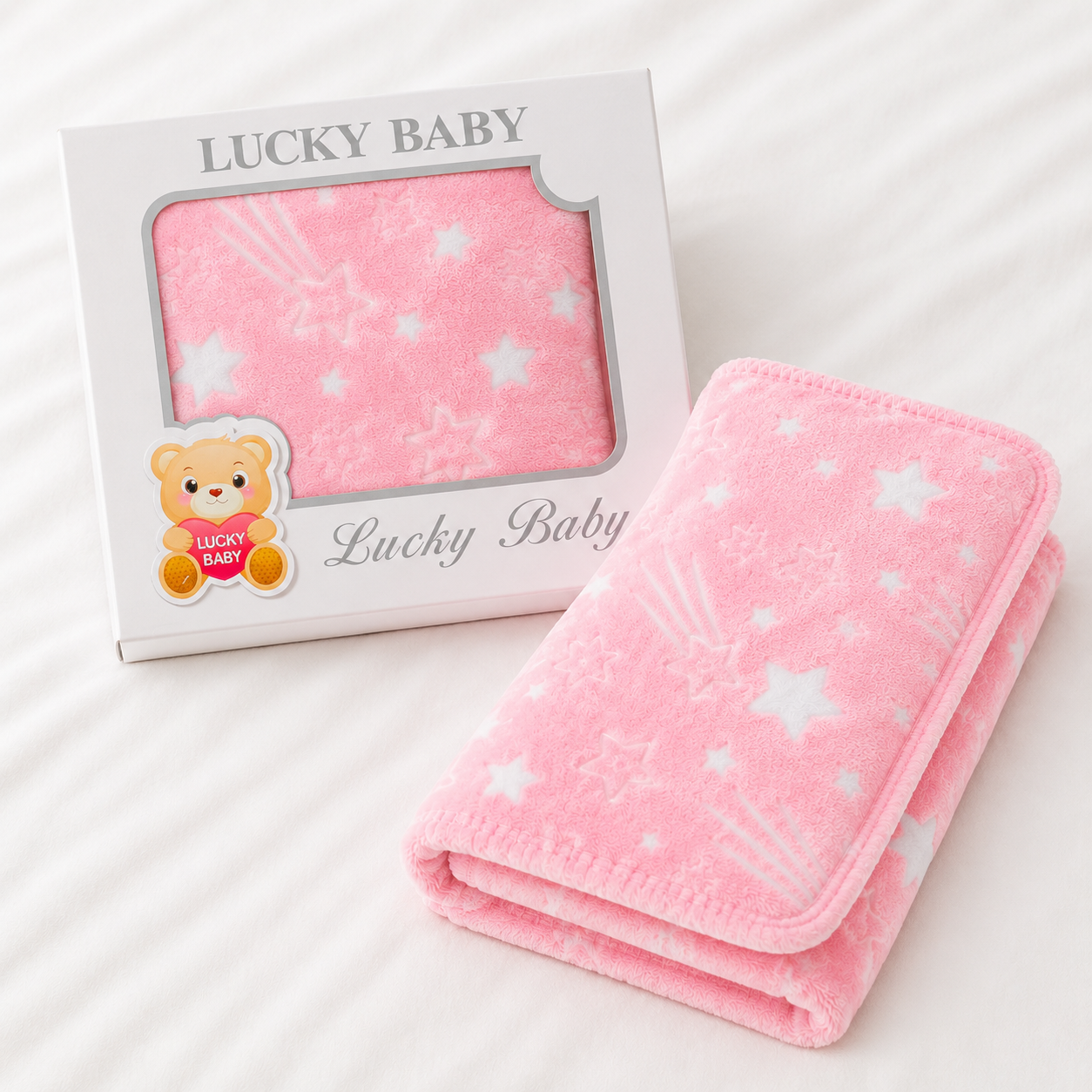 HAPPIMUMS BABY PLUSH SLEEPING BLANKET DOUBLE PLY SHOOTING STAR 110 x 80 - PINK