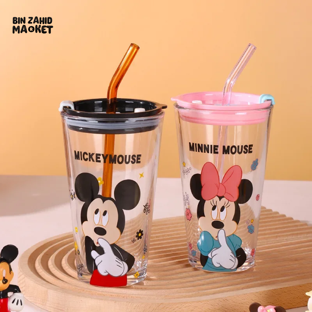 450ML DISNEY MICKEY & DAISY GLASS CUP WITH LID & STRAW - MICKEY MOUSE