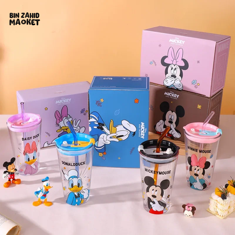450ML DISNEY MICKEY & DAISY GLASS CUP WITH LID & STRAW - MICKEY MOUSE