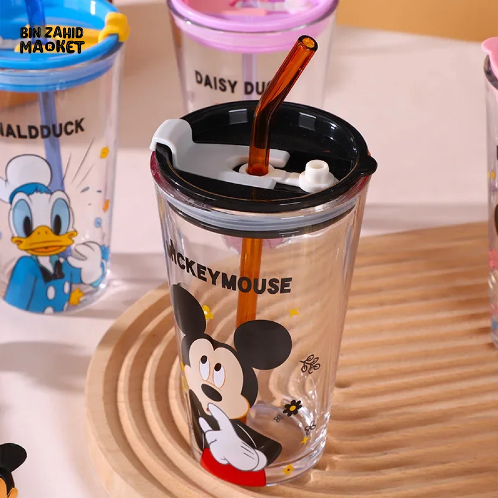 450ML DISNEY MICKEY & DAISY GLASS CUP WITH LID & STRAW - MICKEY MOUSE