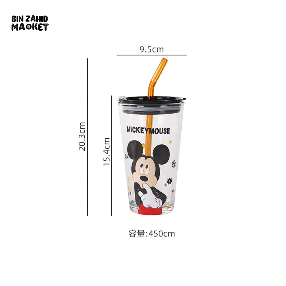 450ML DISNEY MICKEY & DAISY GLASS CUP WITH LID & STRAW - MICKEY MOUSE