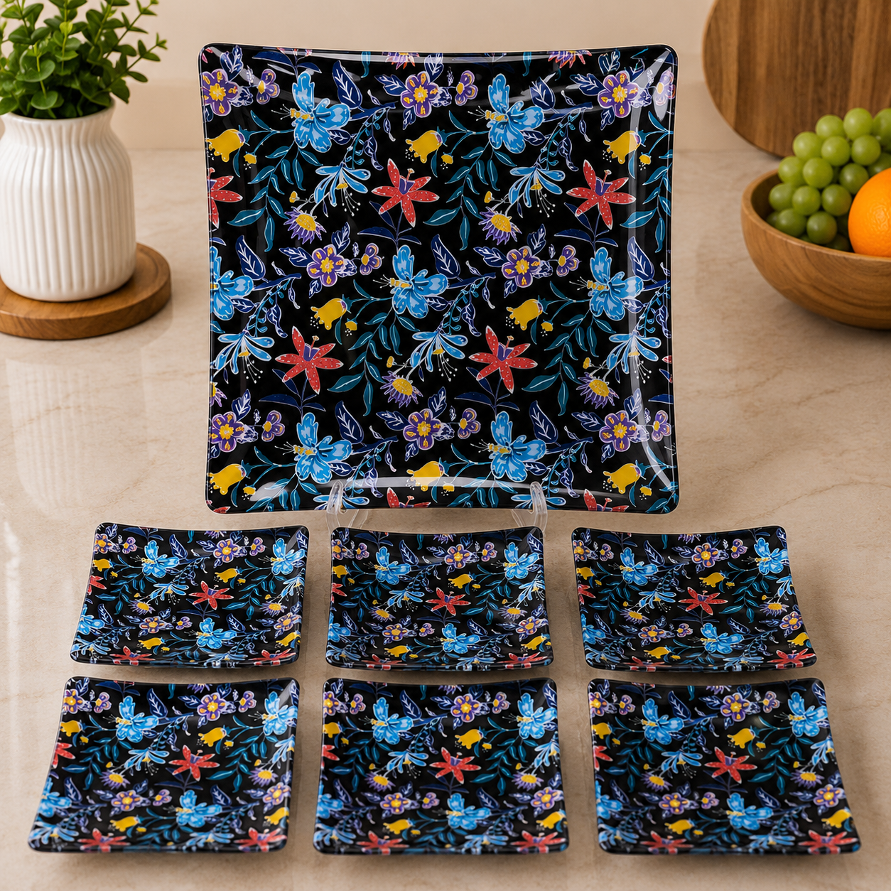 ARCOFAM FLORAL BLACK GLASS SERVING 7 PIECE PLATE SET - BLACK NADIA