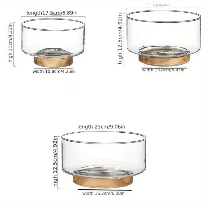 LUXURY GLASS FRUIT BOWL WITH WOODEN BASE – MODERN DINING TABLE CENTERPIECE - SMALL