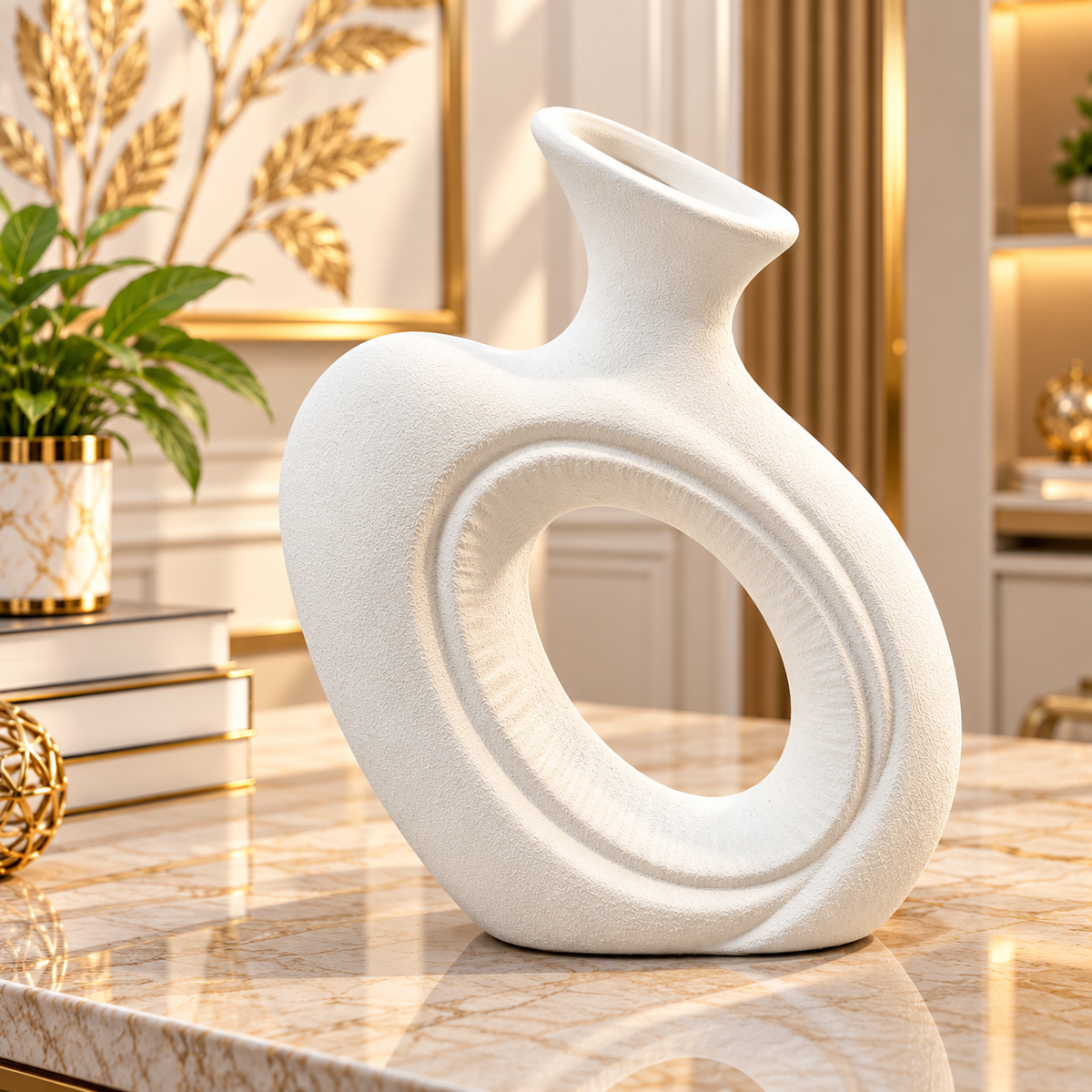 WHITE ABSTRACT OVAL LOOP DECORATIVE VASE - LARGE