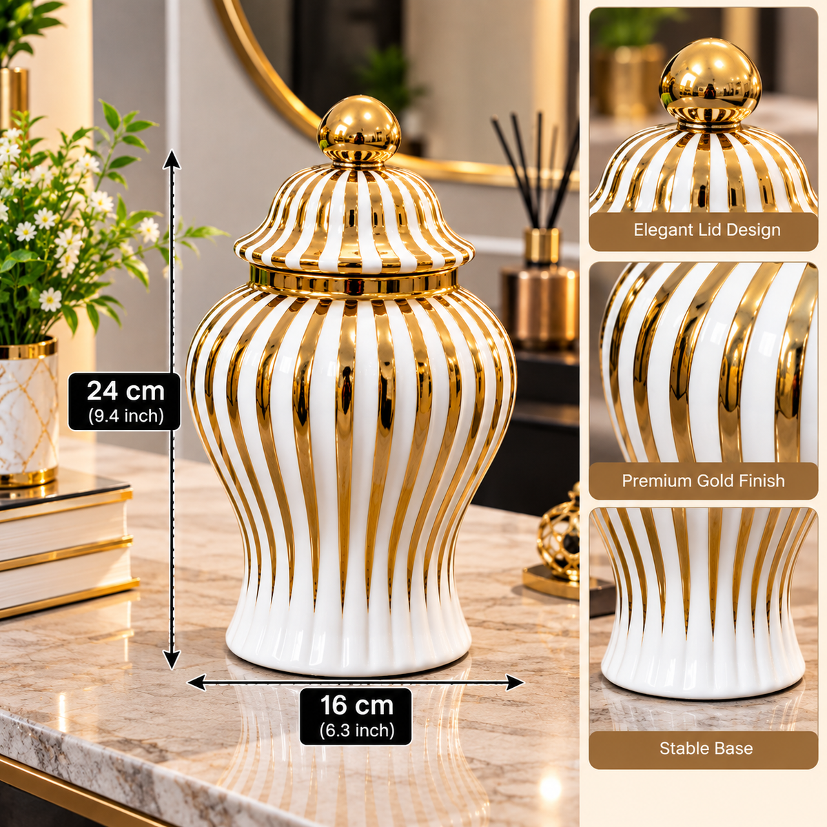 WHITE & GOLD STRIPED DECORATIVE JAR WITH LID - LARGE
