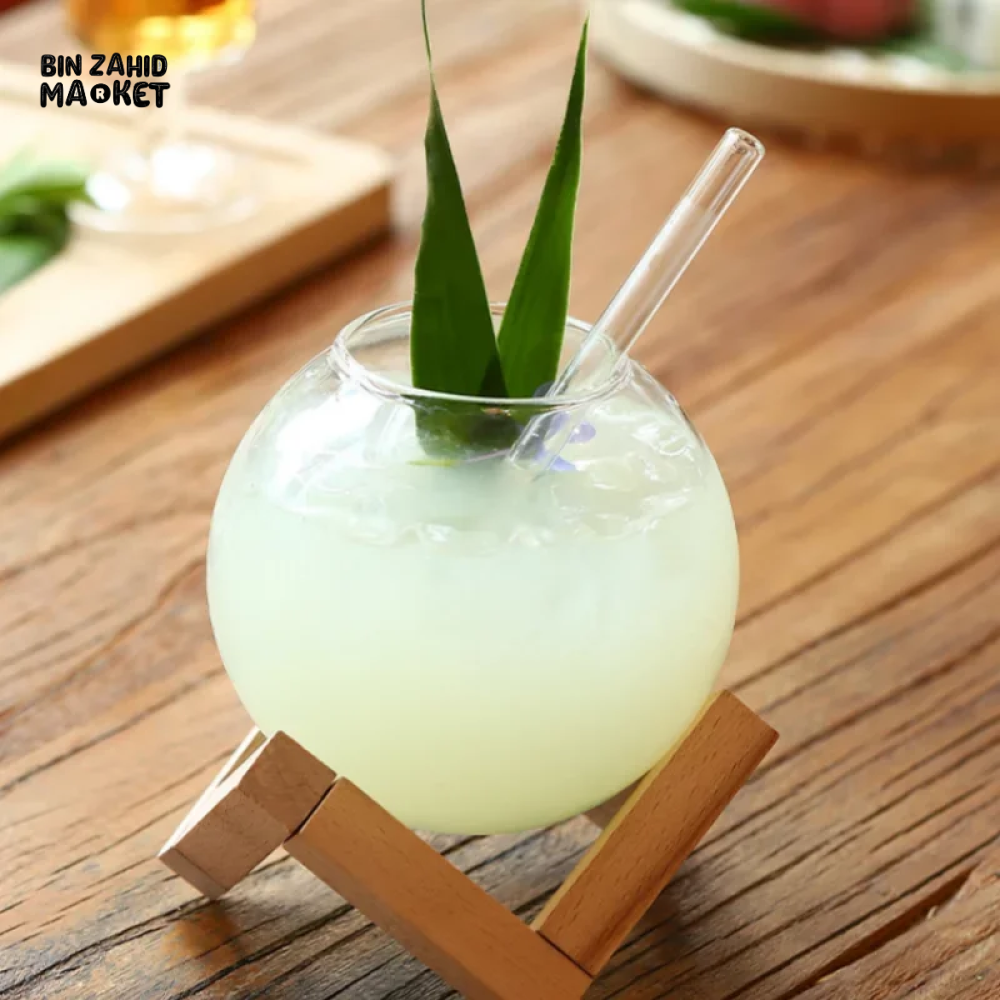 COCKTAIL GLASS CUP WITH WOOD STAND – ROUND BALL TUMBLER BAR GLASSWARE