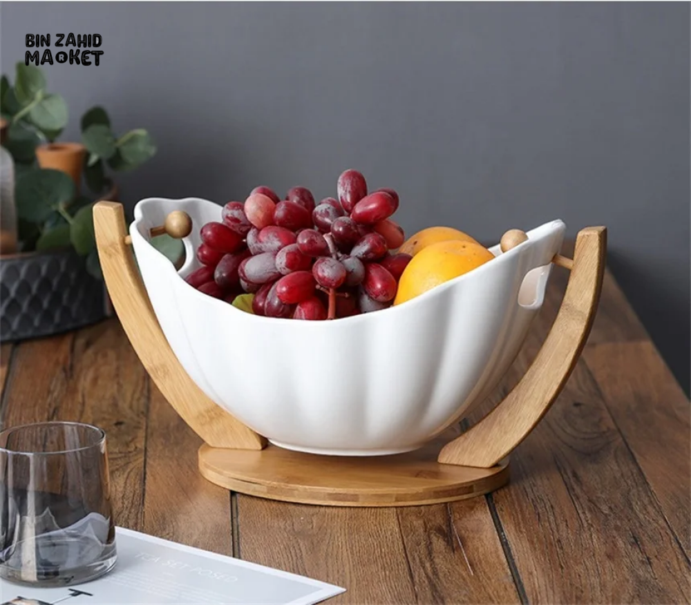 HANGING CERAMIC SALAD BOWL WITH BAMBOO STAND PORCELAIN FRUIT DESSERT TABLEWARE