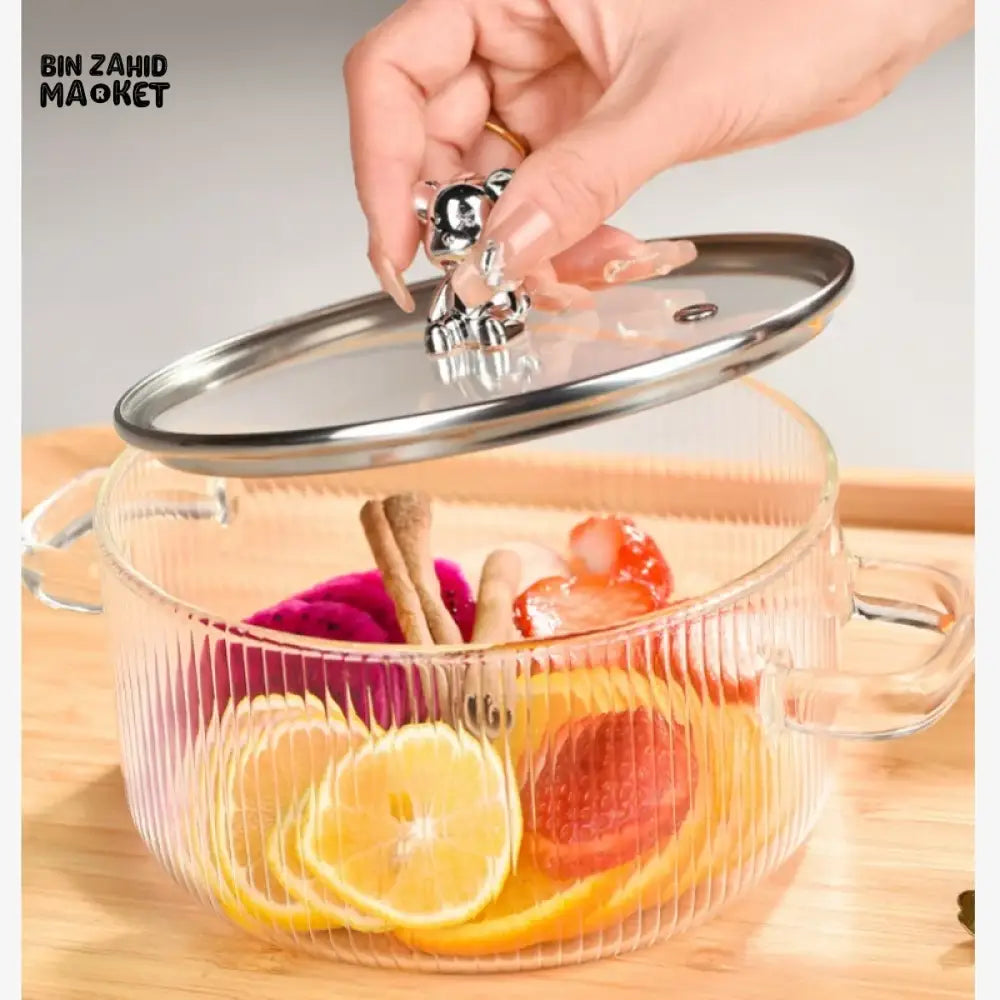 HEAT-RESISTANT 2 LITRE GLASS COOKING POT WITH LID BOROSILICATE GLASS FOR SOUP MILK & NOODLES