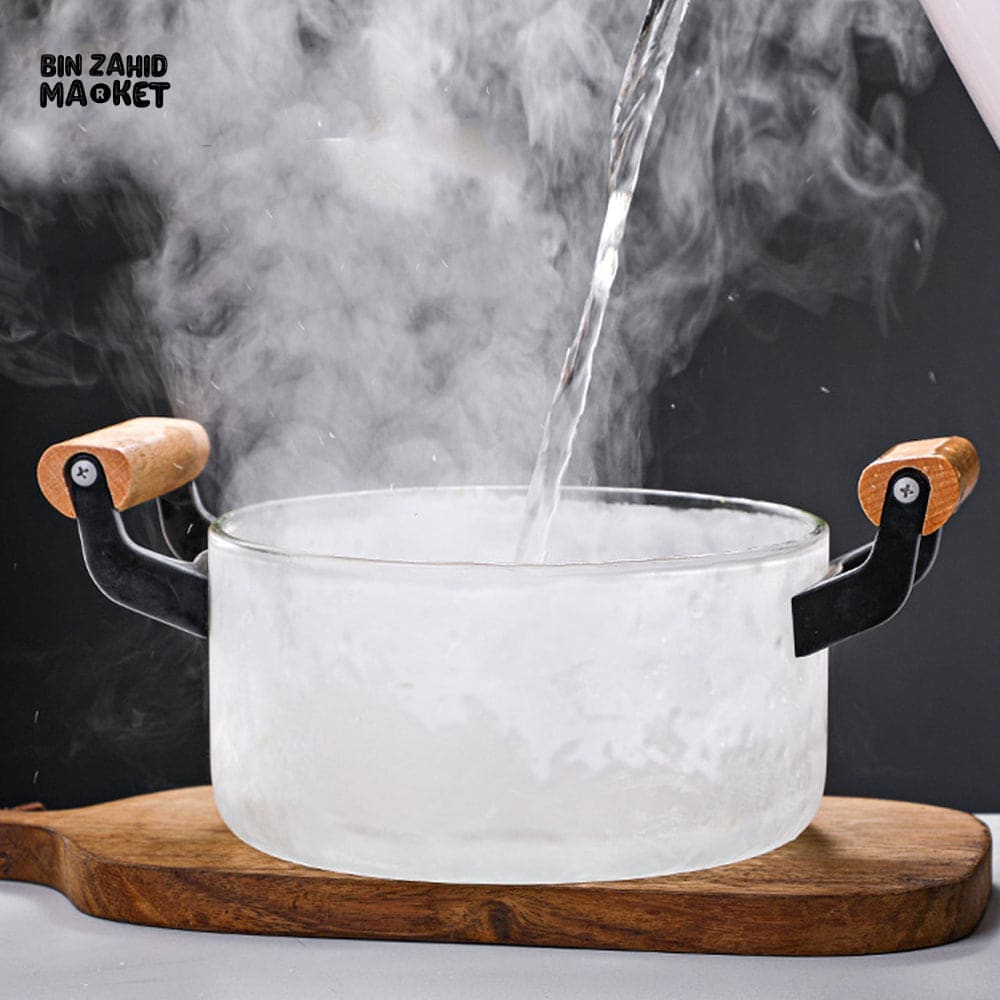 PREMIUM BOROSILICATE GLASS COOKING POT – FLAME-SAFE WOODEN HANDLE LARGE CAPACITY WITH LID - 4.5 LITRE