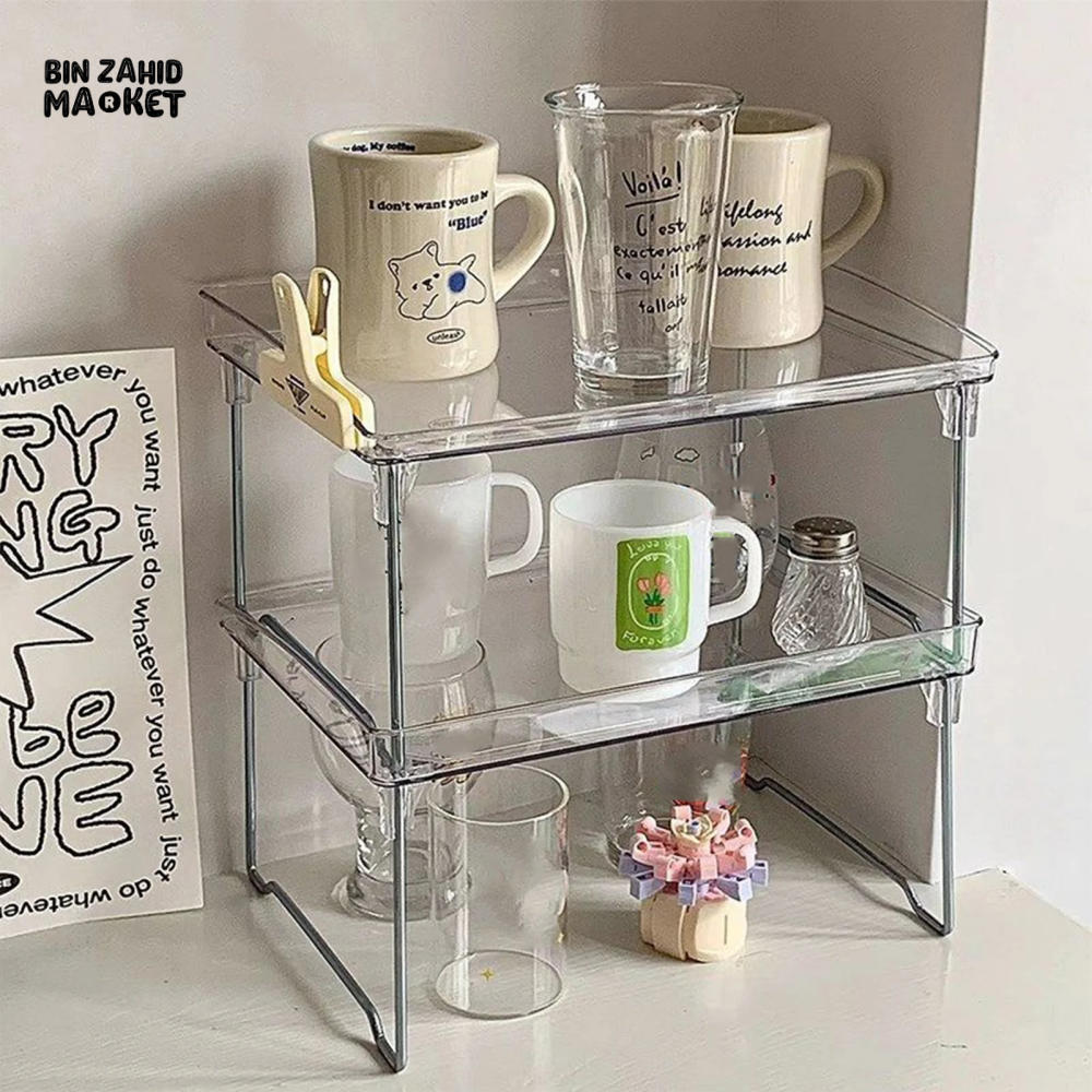STACKABLE CLEAR PLASTIC STORAGE RACK FOR MAKEUP KITCHEN AND STATIONERY