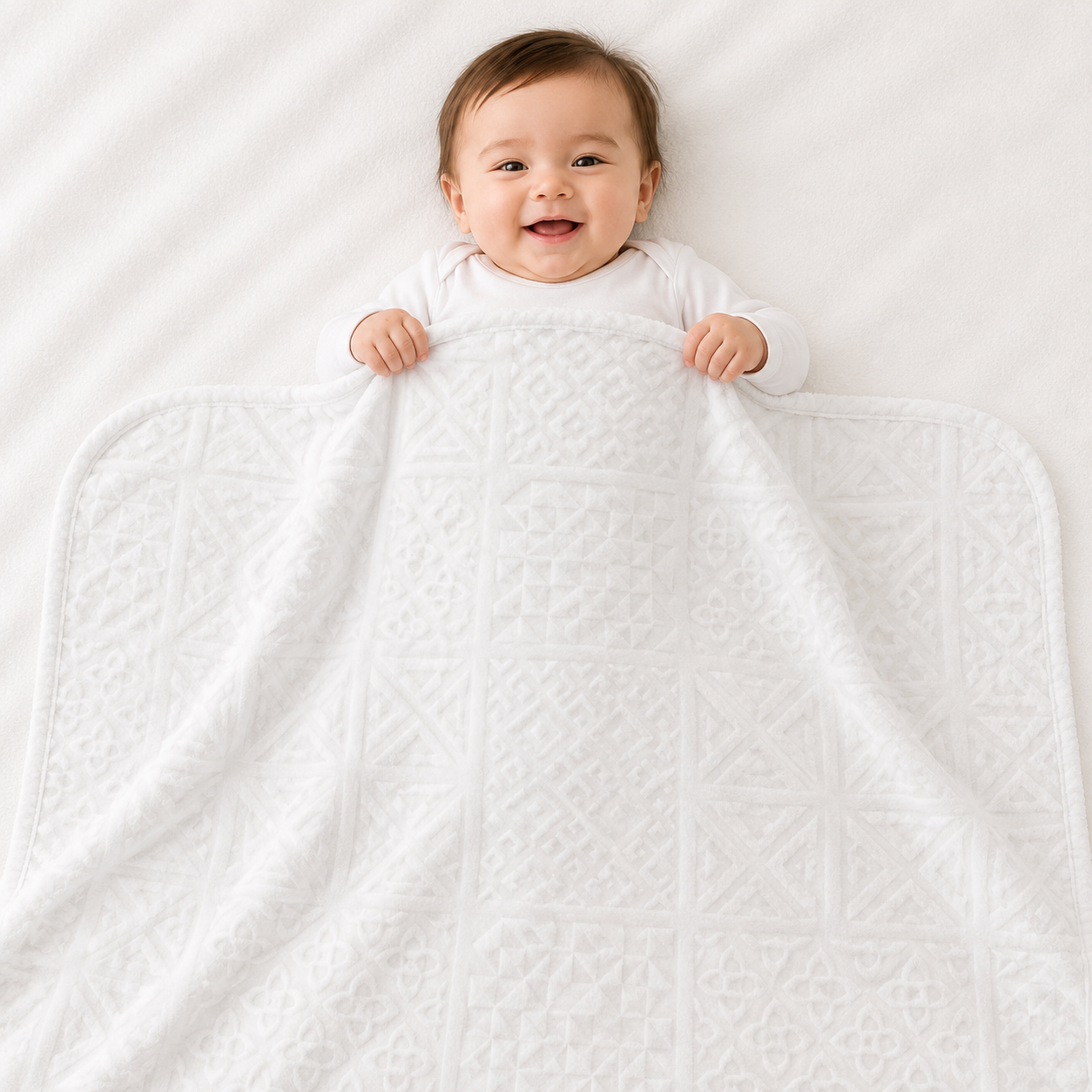 HAPPIMUMS BABY PLUSH SLEEPING BLANKET DOUBLE PLY BLUSH PATCHWORK 110 x 80 - WHITE