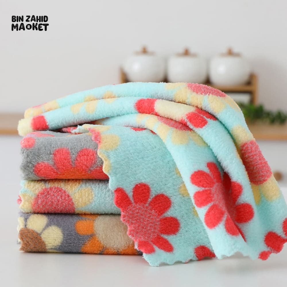 5 PIECE KITCHEN CLEANING CLOTH SET – SOFT ABSORBENT CORAL FLEECE SUNFLOWER DISHCLOTHS & HOUSEHOLD WIPING TOWELS