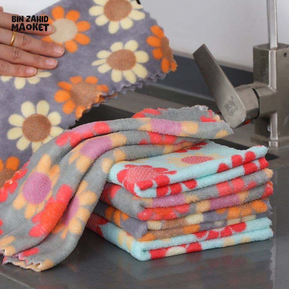 5 PIECE KITCHEN CLEANING CLOTH SET – SOFT ABSORBENT CORAL FLEECE SUNFLOWER DISHCLOTHS & HOUSEHOLD WIPING TOWELS