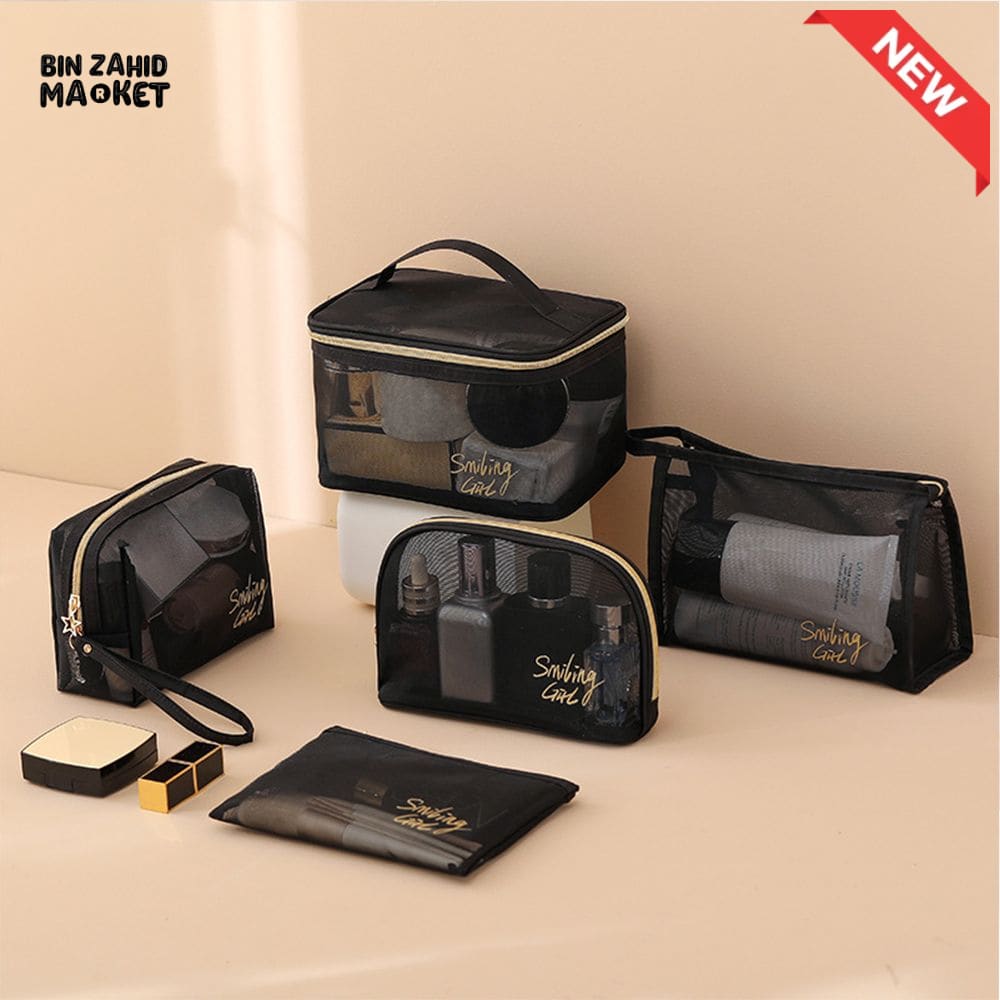 5 PIECES BLACK MESH COSMETIC BAG SET – TRANSPARENT TRAVEL MAKEUP ORGANIZER SMALL & LARGE TOILETRY BAGS WITH BRUSH HOLDER