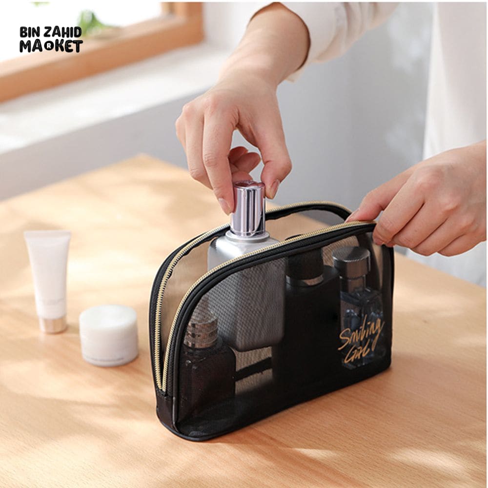 5 PIECES BLACK MESH COSMETIC BAG SET – TRANSPARENT TRAVEL MAKEUP ORGANIZER SMALL & LARGE TOILETRY BAGS WITH BRUSH HOLDER
