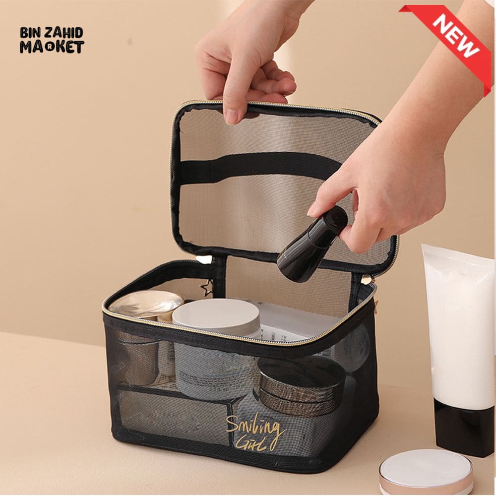 5 PIECES BLACK MESH COSMETIC BAG SET – TRANSPARENT TRAVEL MAKEUP ORGANIZER SMALL & LARGE TOILETRY BAGS WITH BRUSH HOLDER