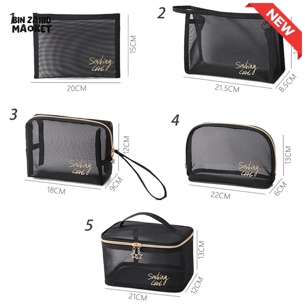 5 PIECES BLACK MESH COSMETIC BAG SET – TRANSPARENT TRAVEL MAKEUP ORGANIZER SMALL & LARGE TOILETRY BAGS WITH BRUSH HOLDER