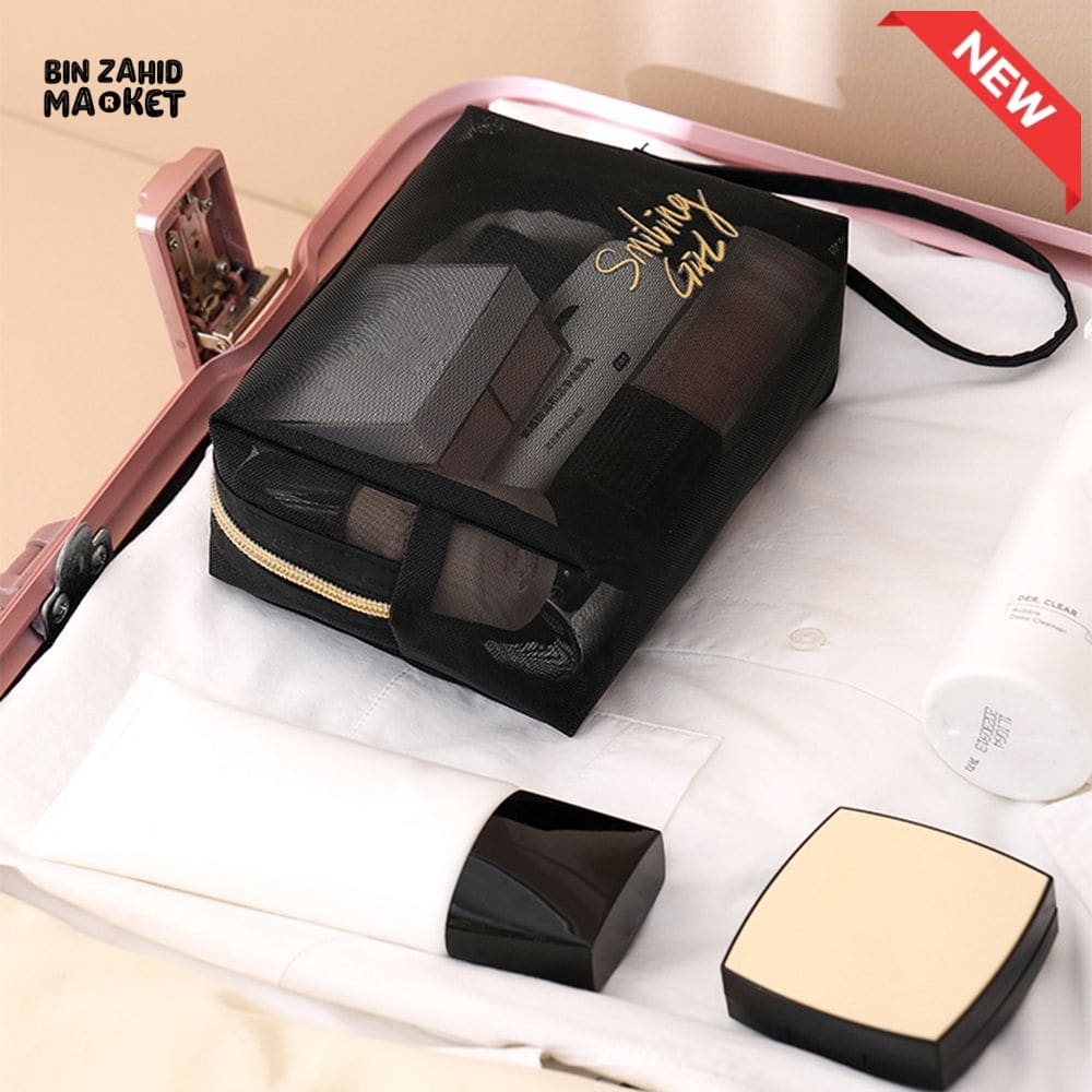 5 PIECES BLACK MESH COSMETIC BAG SET – TRANSPARENT TRAVEL MAKEUP ORGANIZER SMALL & LARGE TOILETRY BAGS WITH BRUSH HOLDER