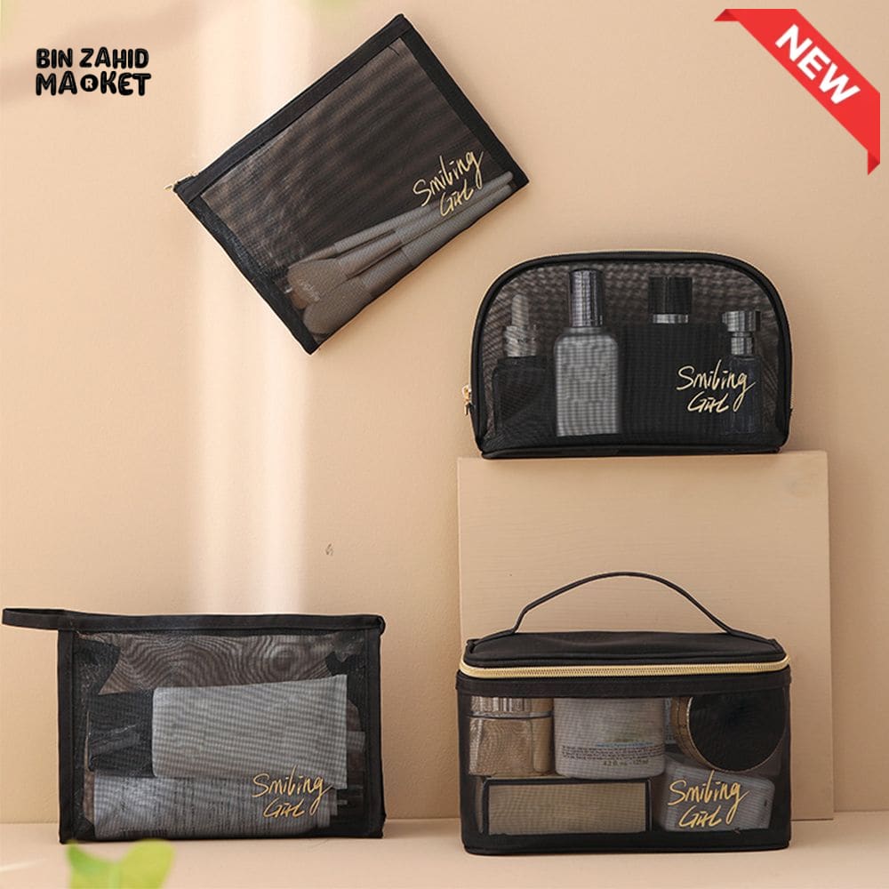 5 PIECES BLACK MESH COSMETIC BAG SET – TRANSPARENT TRAVEL MAKEUP ORGANIZER SMALL & LARGE TOILETRY BAGS WITH BRUSH HOLDER