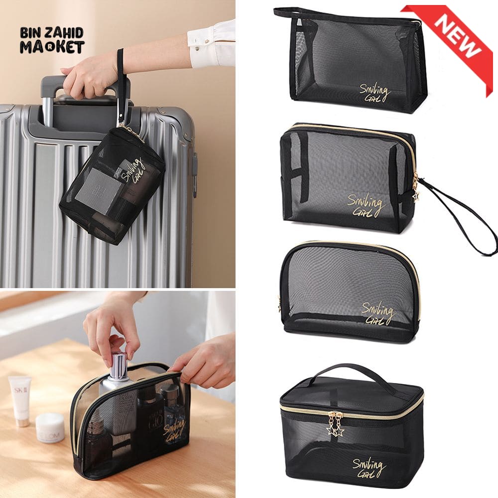 5 PIECES BLACK MESH COSMETIC BAG SET – TRANSPARENT TRAVEL MAKEUP ORGANIZER SMALL & LARGE TOILETRY BAGS WITH BRUSH HOLDER
