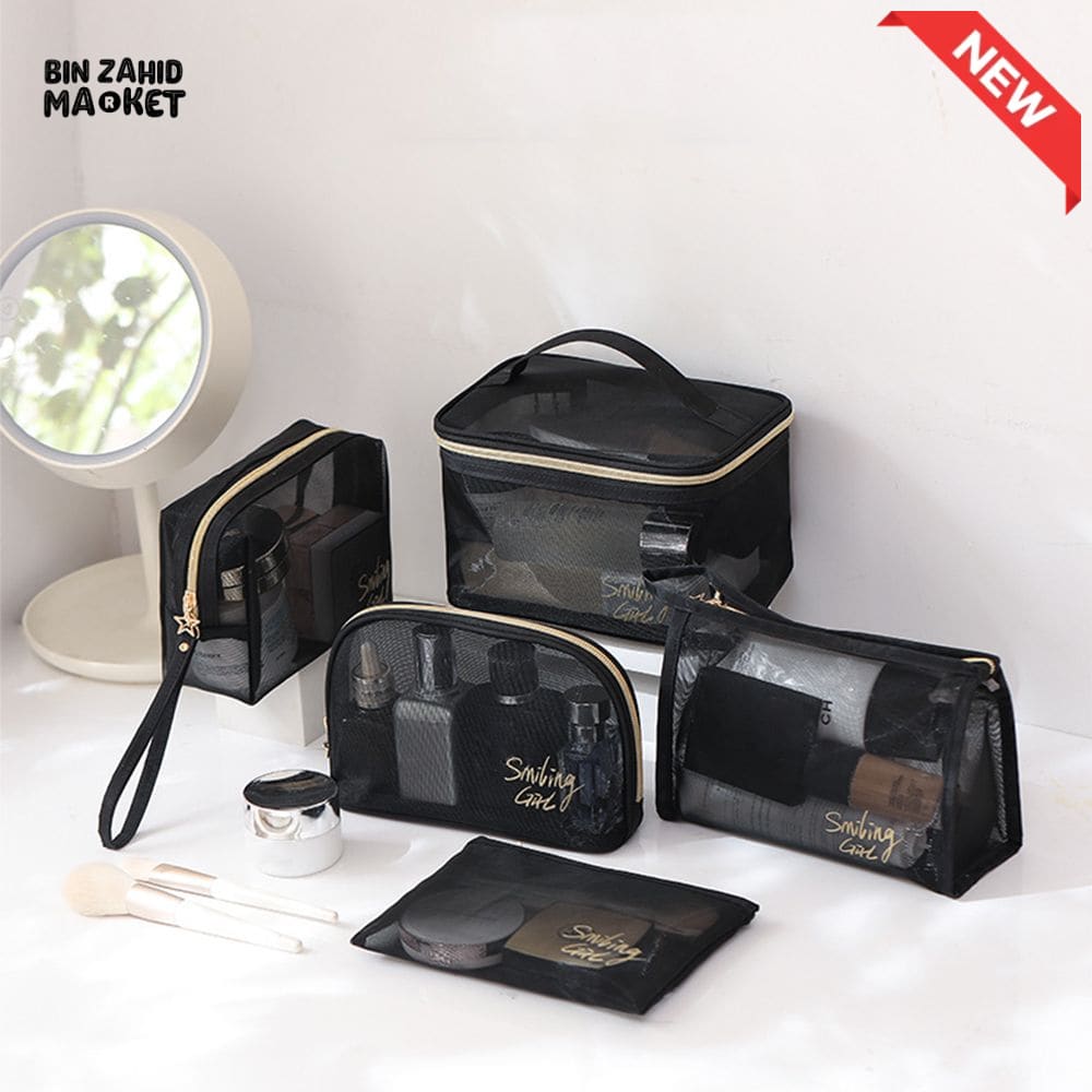 5 PIECES BLACK MESH COSMETIC BAG SET – TRANSPARENT TRAVEL MAKEUP ORGANIZER SMALL & LARGE TOILETRY BAGS WITH BRUSH HOLDER