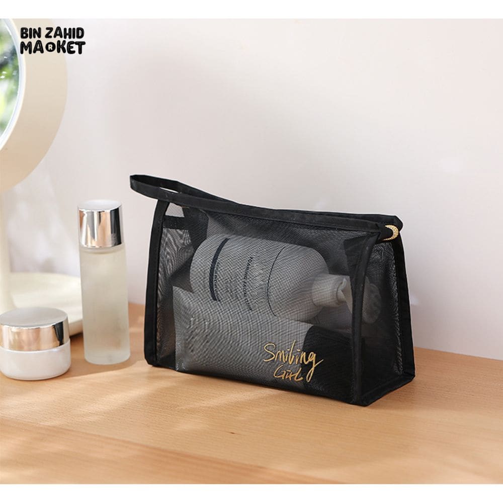 5 PIECES BLACK MESH COSMETIC BAG SET – TRANSPARENT TRAVEL MAKEUP ORGANIZER SMALL & LARGE TOILETRY BAGS WITH BRUSH HOLDER