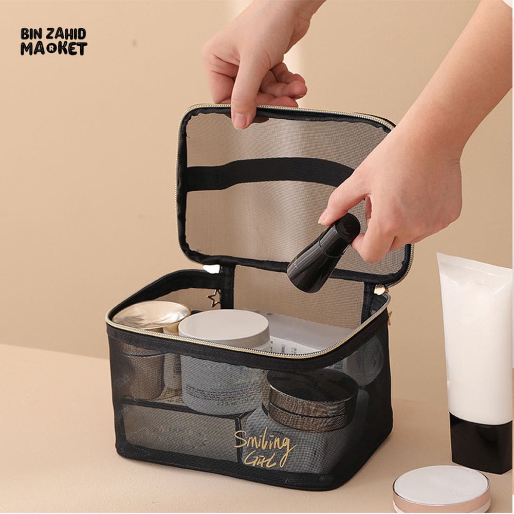 5 PIECES BLACK MESH COSMETIC BAG SET – TRANSPARENT TRAVEL MAKEUP ORGANIZER SMALL & LARGE TOILETRY BAGS WITH BRUSH HOLDER
