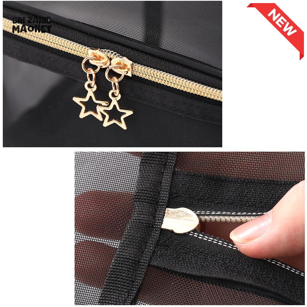 5 PIECES BLACK MESH COSMETIC BAG SET – TRANSPARENT TRAVEL MAKEUP ORGANIZER SMALL & LARGE TOILETRY BAGS WITH BRUSH HOLDER