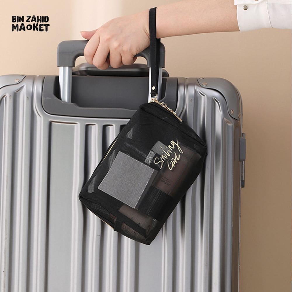 5 PIECES BLACK MESH COSMETIC BAG SET – TRANSPARENT TRAVEL MAKEUP ORGANIZER SMALL & LARGE TOILETRY BAGS WITH BRUSH HOLDER