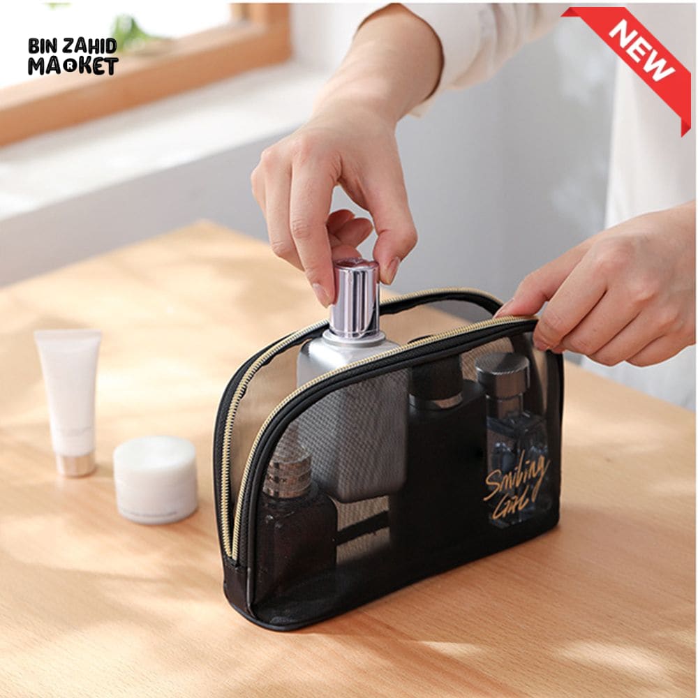 5 PIECES BLACK MESH COSMETIC BAG SET – TRANSPARENT TRAVEL MAKEUP ORGANIZER SMALL & LARGE TOILETRY BAGS WITH BRUSH HOLDER
